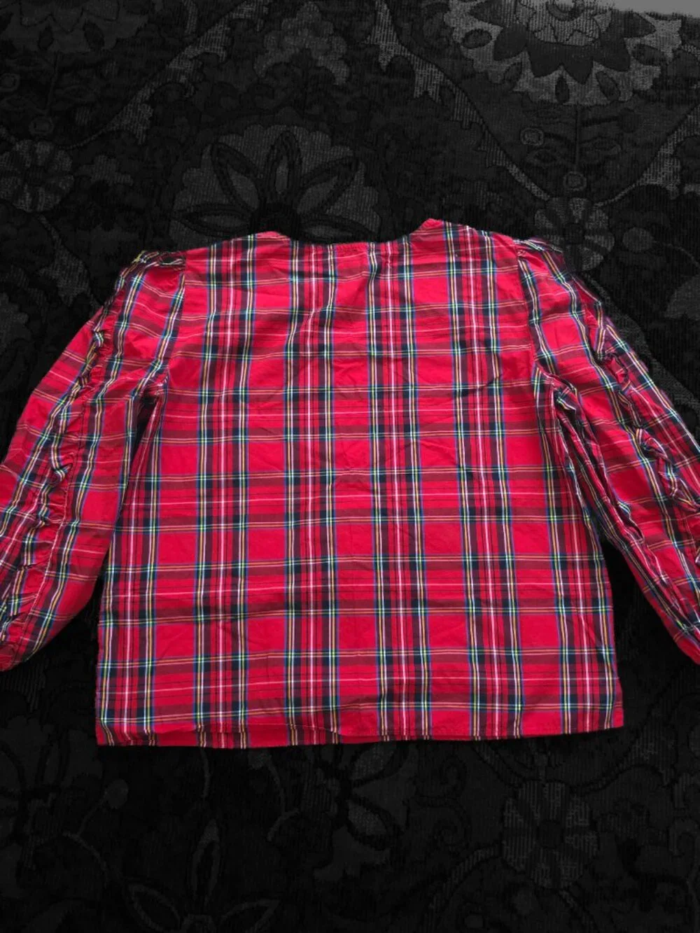 J. Crew Red Ruffle 3/4 Puff Sleeve in Stewart Tartan Black Button Detail EUC Med